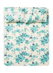 Aceir 3-Piece 180 TC Premium Collection Floral Printed Cotton Bedsheet Set, 1 Bedsheet + 2 Pillow Cases, Queen, White/Blue/Grey