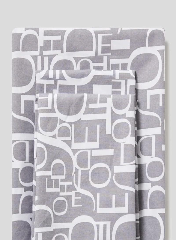 Aceir 3-Piece 180 TC Premium Collection Alphabet Printed Cotton Bedsheet Set, 1 Bedsheet + 2 Pillow Cases, Queen, Grey/White