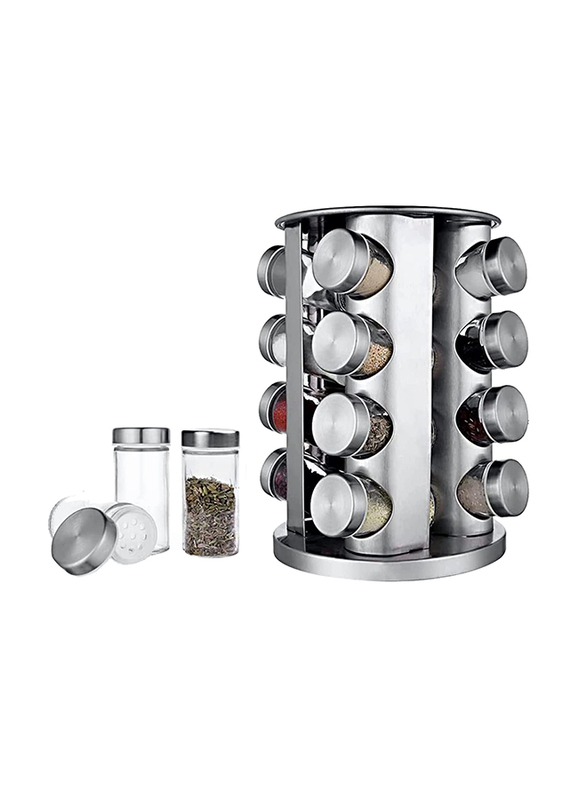 Rahalife Stainless Steel Rotating Spice Rack Set 16 Spice Jars Spice Containers Organizer Holder Set, Silver