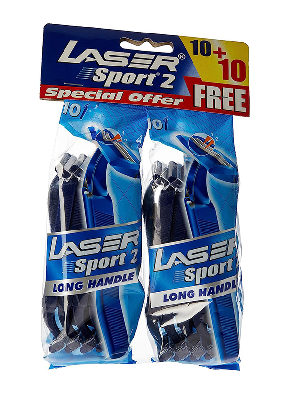 Laser Sport 2 Long Handle Twin Blade Disposable Shaving Razor for Men, 20 Pieces