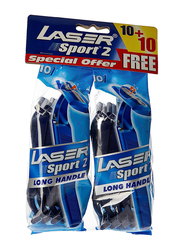 Laser Sport 2 Long Handle Twin Blade Disposable Shaving Razor for Men, 20 Pieces