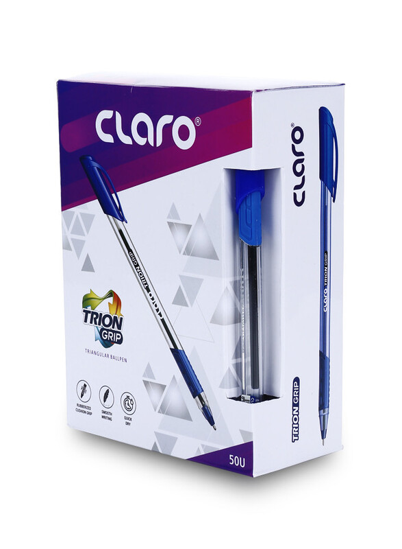 Claro Trion Grip Triangular Ball Pen, 1.00mm, Lightweight Ball Pens for Pressure Free and Fine Writing Pens with Comfortable Rubberised Cushion Grip for School and Office Use, 50-Piece/Box, Blue