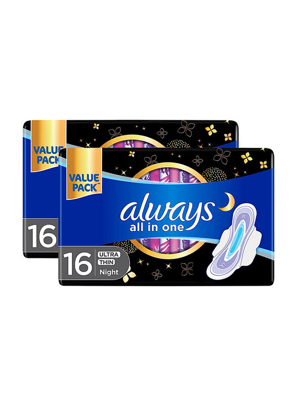 

Always All In One Ultra Thin Night Sanitary Pads with Wings, 32 Pieces