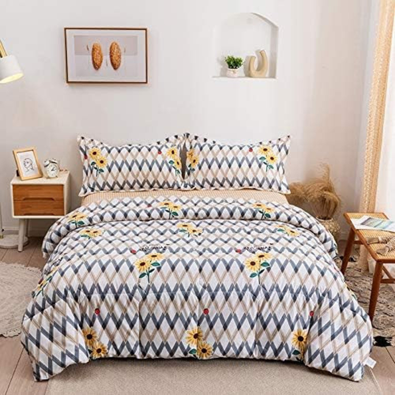 Aceir 4-Piece Microfiber Comforter Set, 1 Comforter + 1 Fitted Sheet + 2 Large Pillowcase, King, 220 x 240 cm, Multicolour