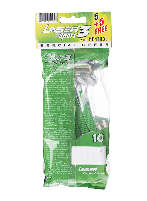 Laser Sport 3 Menthol Firm Grip Triple Blade Disposable Shaving Razor for Men, 10 Pieces