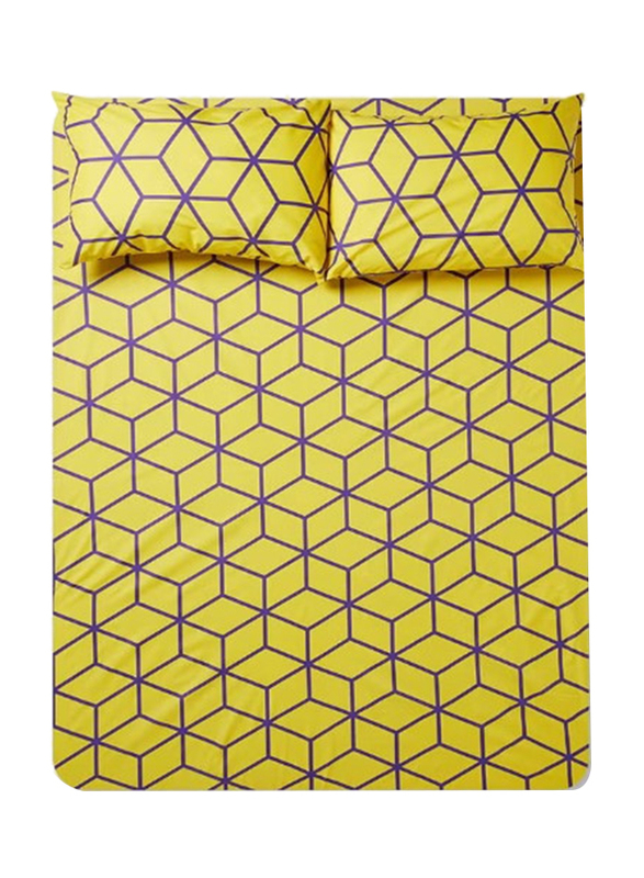 Aceir 3-Piece 180 TC Printed Pure Cotton Fitted Bedsheet Set, Queen, Yellow/Purple