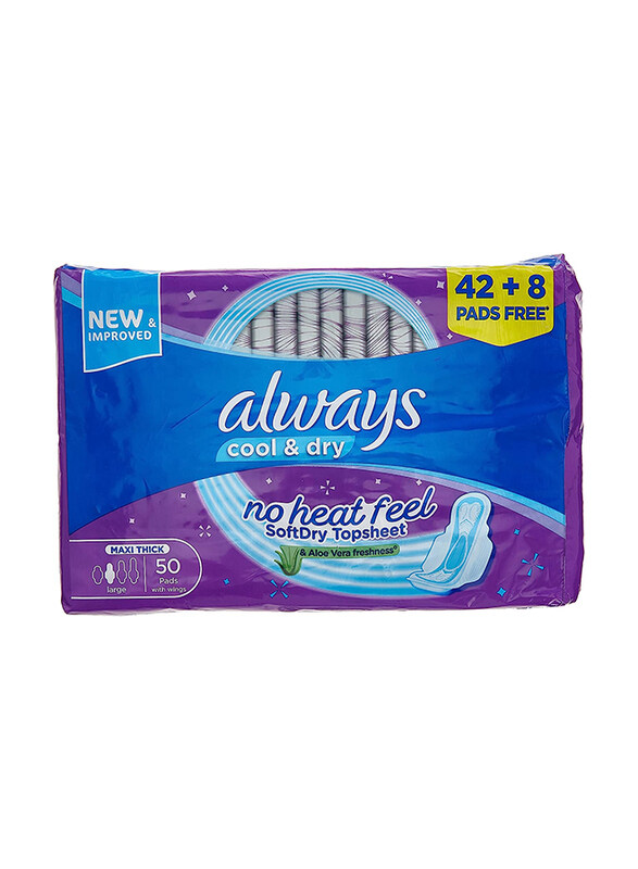 

Always Cool & Dry No Heat Feel Maxi Thick Sanitary Pads with Wings, Large, 50 Pieces