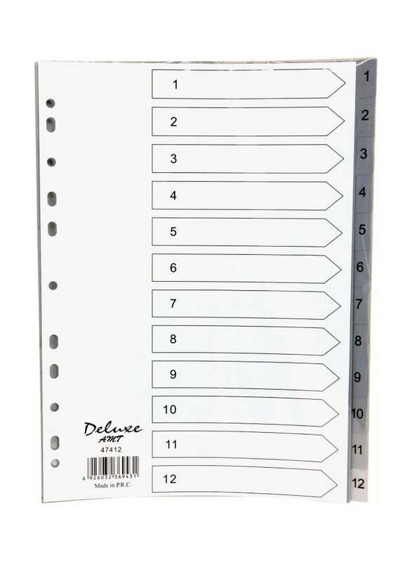 Deluxe PVC Index Paper Divider, 1-12 Tab, A4 Size, 10-Piece, 47412, Grey