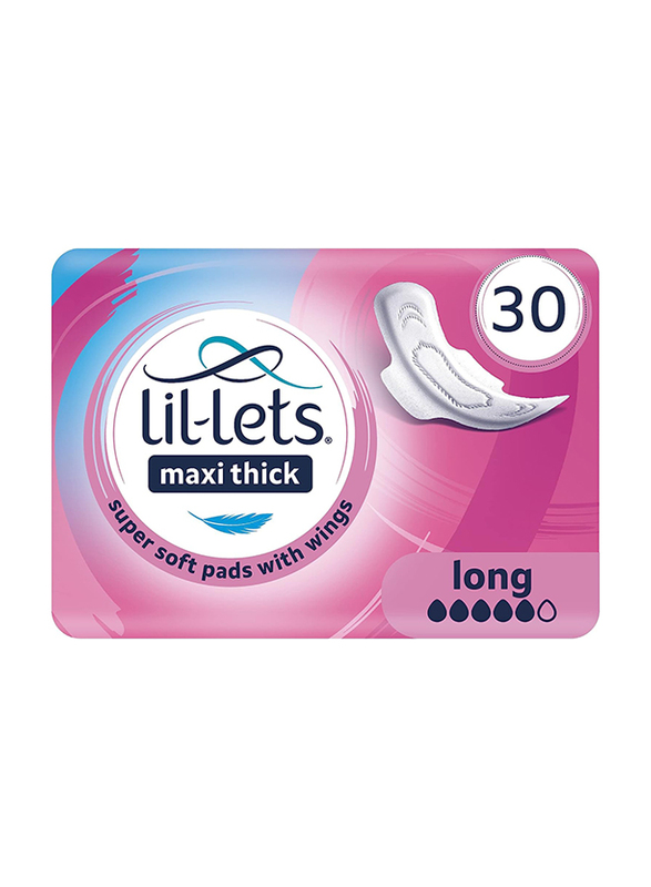 Lil-lets Maxi Long Maxi Thick Super Soft Pads with Wings, 30 Pieces