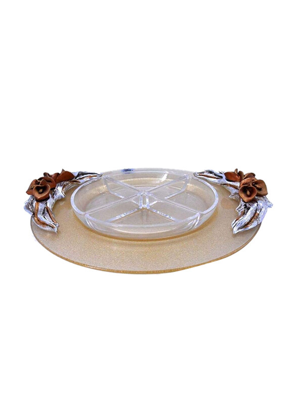 

Kitchen Souq 4 Sections Round Glass Tray with Flower Designs, Brown