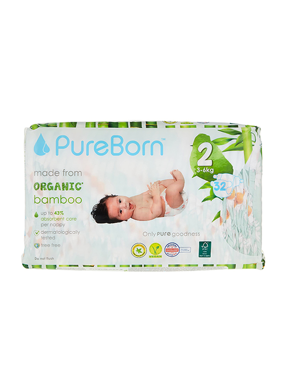 Pureborn Organic Bamboo Diapers, Size 2, 3-6 kg, 31 Count