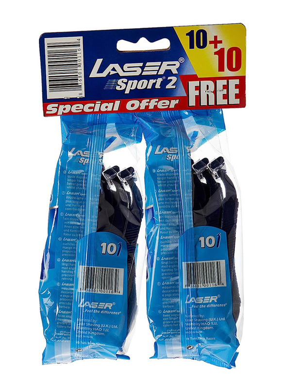 Laser Sport 2 Long Handle Twin Blade Disposable Shaving Razor for Men, 20 Pieces