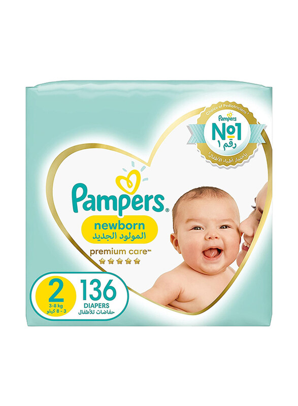 

Pampers Premium Care Diapers The Softest Diaper, Size 2, Mini, 3-8 kg, 136 Count