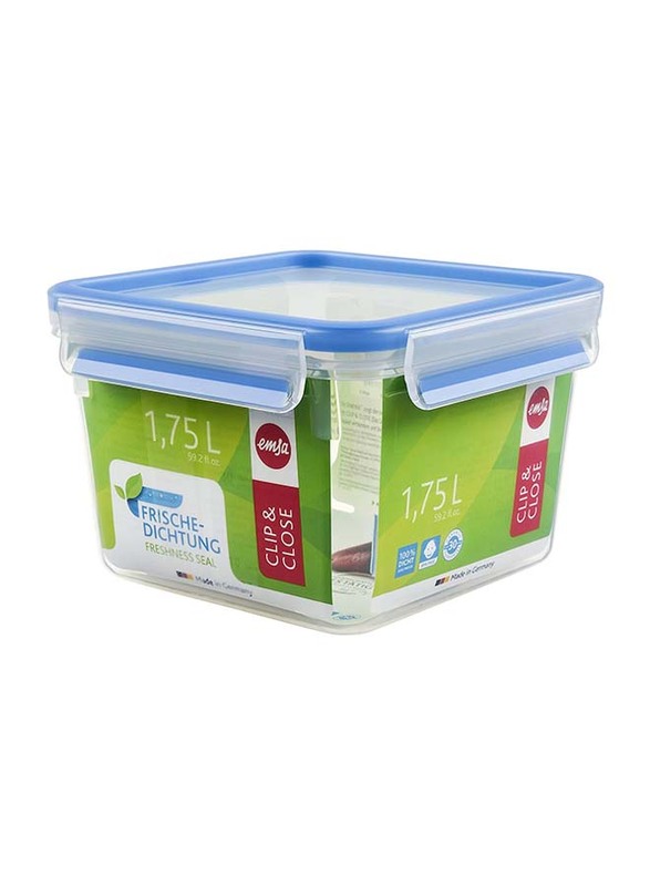 Emsa Clip & Close Square Food Storage Container with Lid, 1.75L, Transparent/Blue