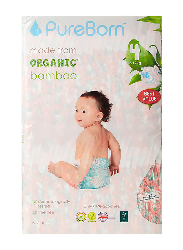 Pureborn Organic Bamboo Diapers Value Pack, Size 4, 9-15 kg, 48 Count