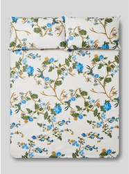 Aceir 3-Piece Printed Cotton Bedsheet Set, Queen, 180 x 200 x 25cm, White/Blue