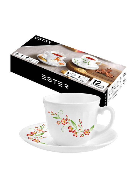 

Ester 160ml 12-Piece Opalware Tea Cup & Saucer Set, White/Red Creeper