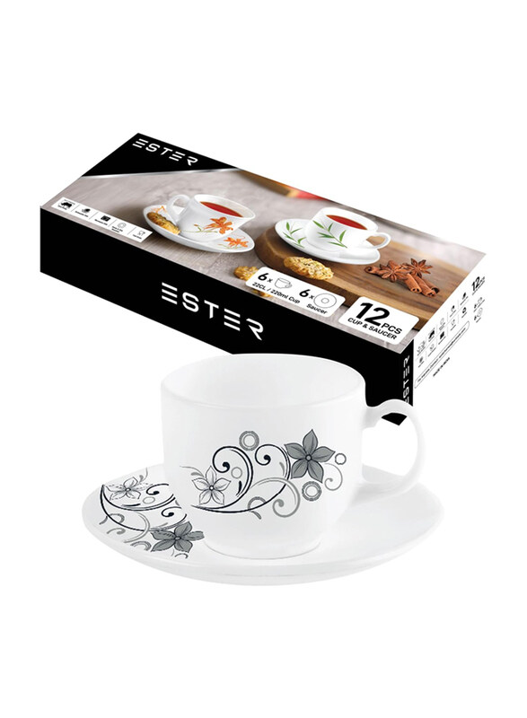 

Ester 220ml 12-Piece Opalware Tea Cup & Saucer Set, White/Camber Black