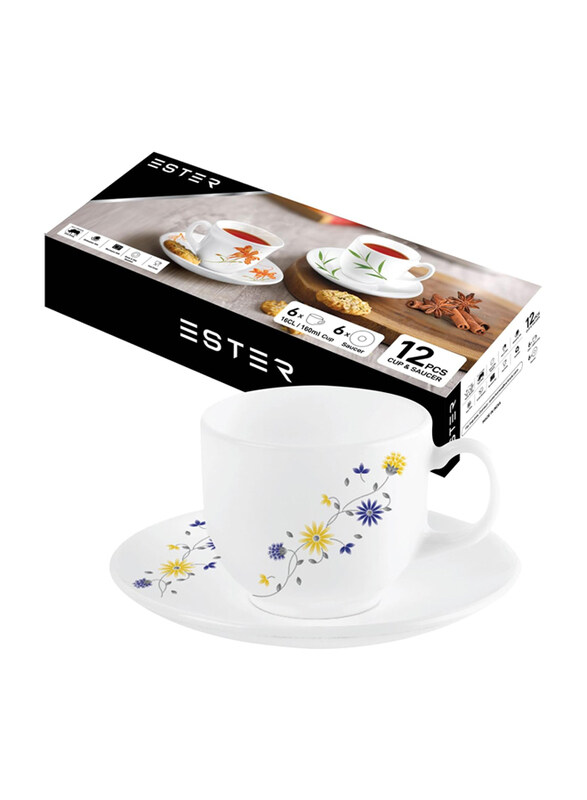 

Ester 160ml 12-Piece Opalware Blooming Daisy Tea Cup & Saucer Set, White/Green