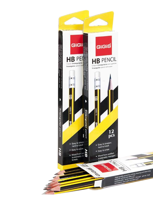 Gigis HB Graphite Triangular Shape Pencils with Eraser HB Lead, Multicolour