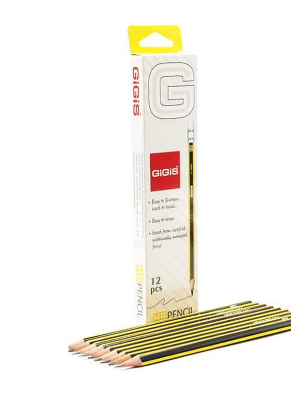 Gigis HB Graphite Pencils with Eraser HB Lead, Yellow/Black