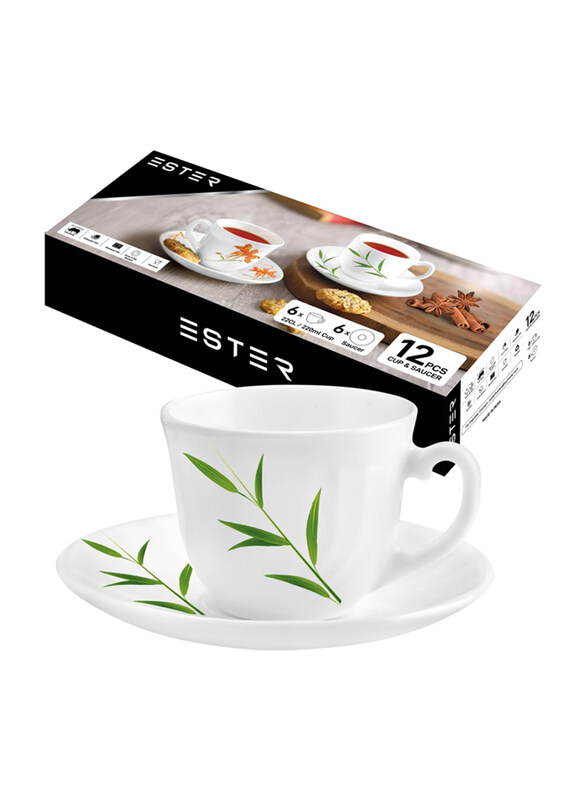 

Ester 220ml 12-Piece Opalware Tea Cup & Saucer Set, White/Green