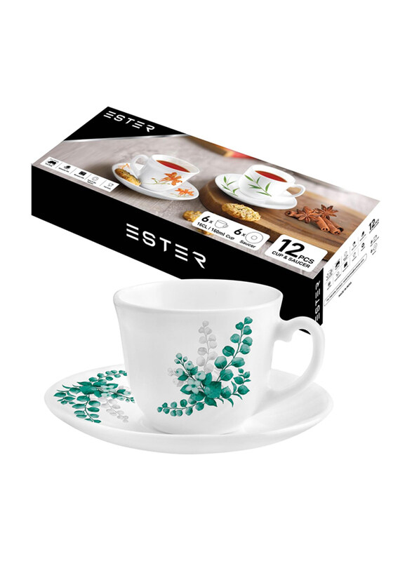 

Ester 160ml 12-Piece Opalware Aqua Leaves Tea Cup & Saucer Set, White/Green