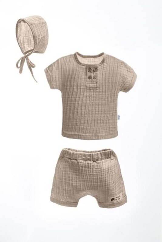 

Wogi-Baby Boy 3 Pcs Fashion Muslin Beige Outfit Set 3 Month 100% Cotton Shorts Shirt And Hat