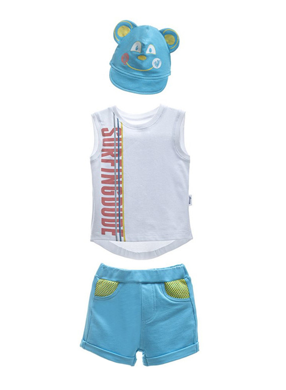 

Wogi 3-Piece 100% Cotton Fashion Outfit Set with Sleeveless T-Shirt, Tee Shorts and Hat for Baby Boys, 12-18 Months, Blue