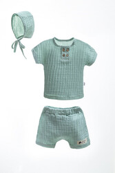 Wogi-Baby Boy 3 Pcs Fashion Muslin Mint Outfit Set 3 Month 100% Cotton Shorts Shirt And Hat