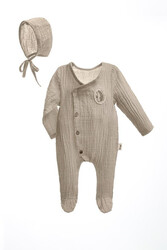 Wogi-Baby Boy 2 Pcs Fashion Muslin Beige Outfit Set Newborn 100% Cotton Romper And Hat