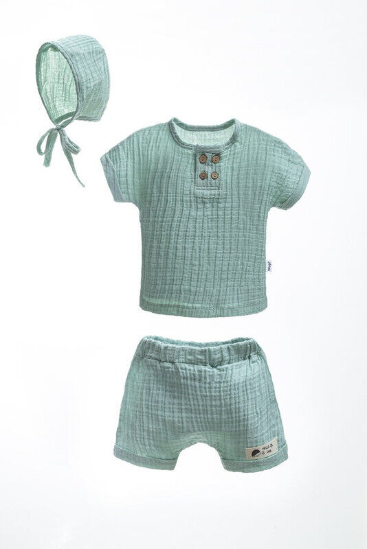 

Wogi-Baby Boy 3 Pcs Fashion Muslin Mint Outfit Set 3 Month 100% Cotton Shorts Shirt And Hat