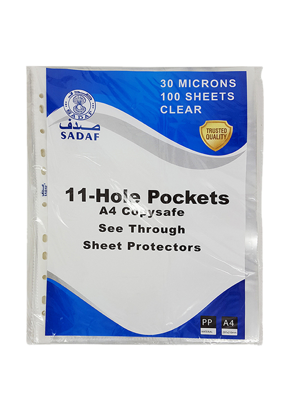 Sadaf 30 Microns Punched Pocket, A4 Size, 100 Sheets, SDF8988, Clear
