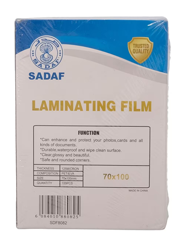 Sadaf Lamination Film 125 Micron ID Size, 70 x 100 mm, 100 Sheets, SDF8082, Clear
