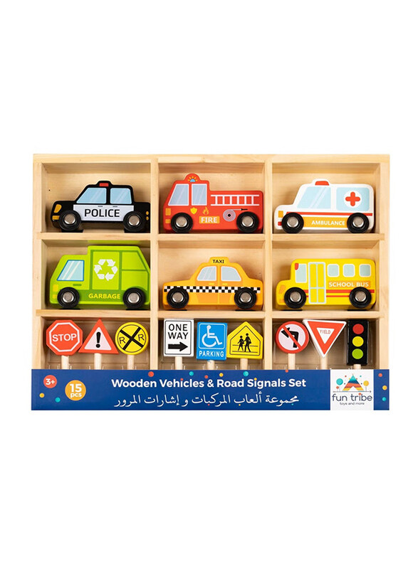 

Fun Tribe Wooden Vehicles & Road Signs Set for Playmats, 15 Pieces, Ages 3+