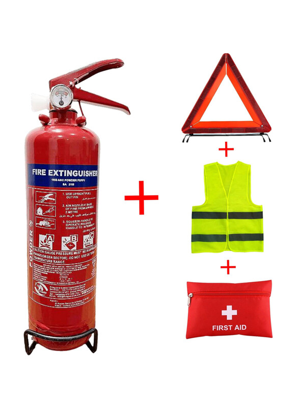 

ATD Car Emergency Safety Essentials Set, Fire Extinguisher 1 KG + Road Warning Triangle Reflector + Safety Jacket + First Aid Pouch, 4 Pieces, ATN-106