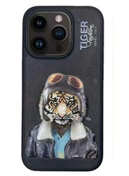 Polo Fergus Tiger Series Leather Phone Case with 3D Rises Letters and Embroidery Design for iPhone 15 Pro - Black