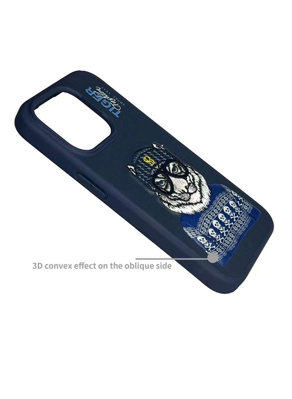 Polo Fergus Tiger Series Leather Phone Case with 3D Rises Letters and Embroidery Design for iPhone 15 Pro - Navy