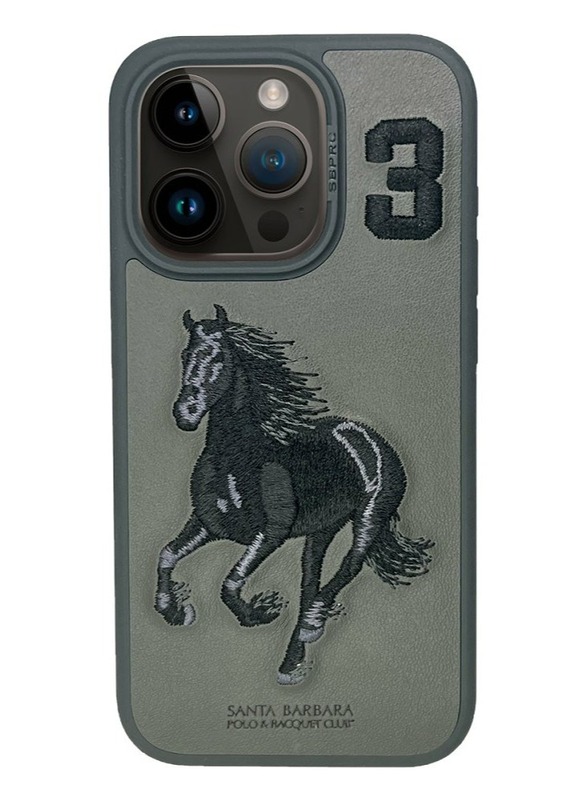 iPhone 15 Pro Case, Boris Series of Horse Embroidery Designed Shockproof Protective Phone Case for iPhone 15 Pro - Black/Grey
