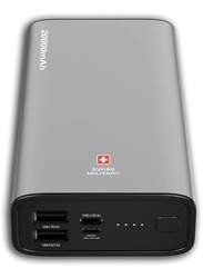 Swiss Military Bieudron PD Power Bank 20000MAH: Rapid Charging, 20W Output, 50% Charge in 30 Minutes* - Type-C, Micro, and Dual USB Inputs - Silver