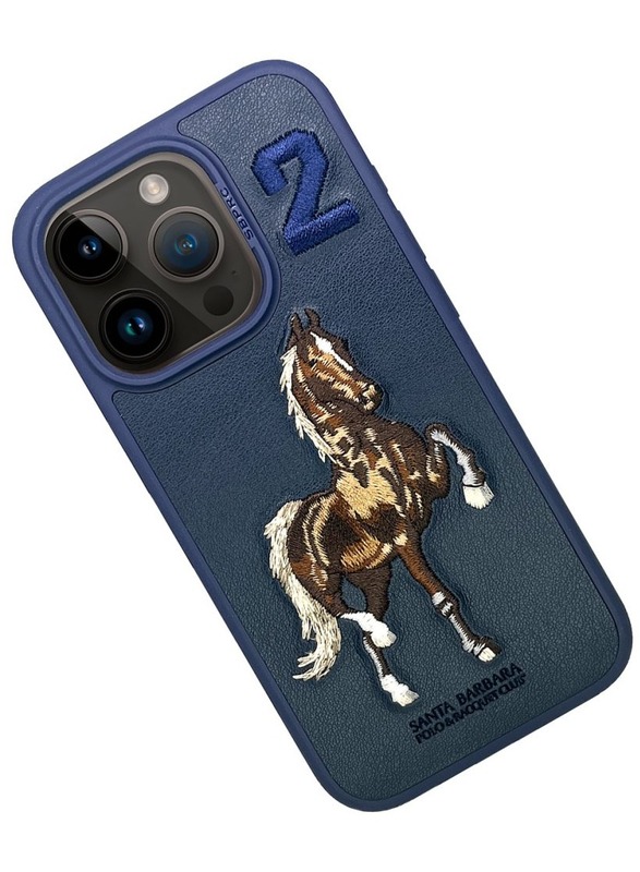 iPhone 15 Pro Max Case, Boris Series of Horse Embroidery Designed Shockproof Protective Phone Case for iPhone 15 Pro Max - Navy Blue