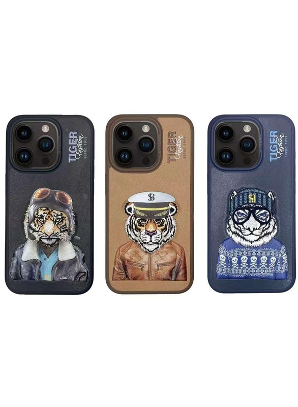 Polo Fergus Tiger Series Leather Phone Case with 3D Rises Letters and Embroidery Design for iPhone 15 Pro - Black