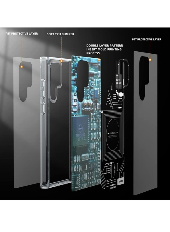 YoungKit Futuristic Technology Circuit Designed for Samsung Galaxy S23 Ultra case (2023) Full Protection, Military Shockproof, Soft Bumper - Light Blue