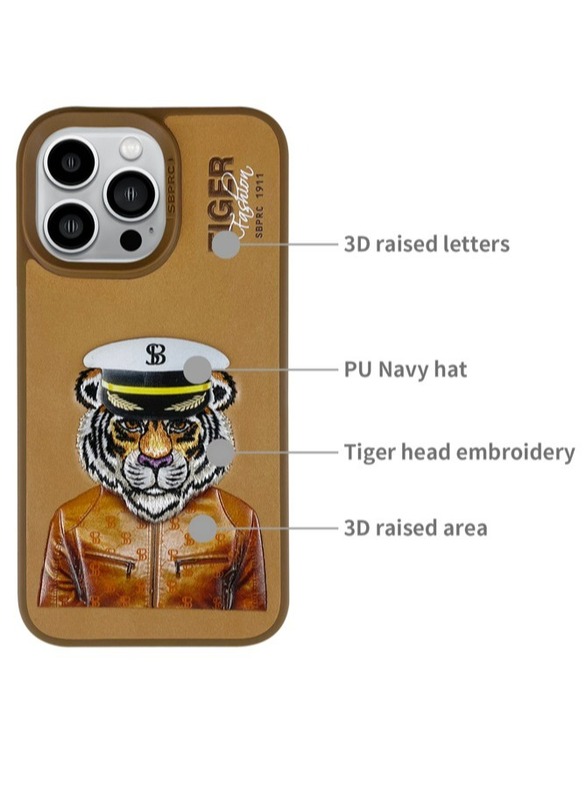 Polo Fergus Tiger Series Leather Phone Case with 3D Rises Letters and Embroidery Design for iPhone 15 Pro - Brown