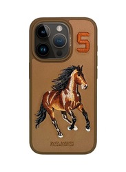 iPhone 15 Pro Case, Boris Series of Horse Embroidery Designed Shockproof Protective Phone Case for iPhone 15 Pro - Brown