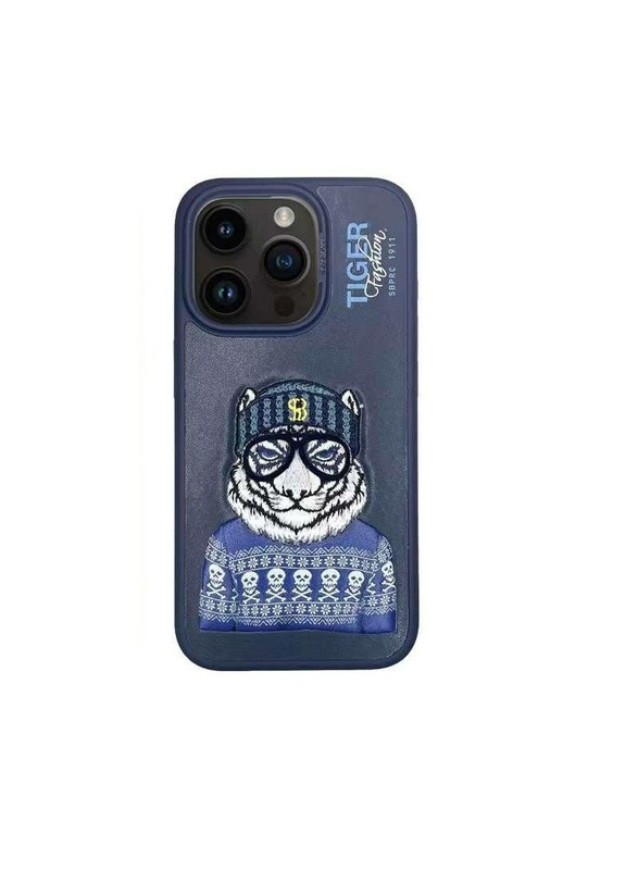 Polo Fergus Tiger Series Leather Phone Case with 3D Rises Letters and Embroidery Design for iPhone 15 Pro Max- Navy