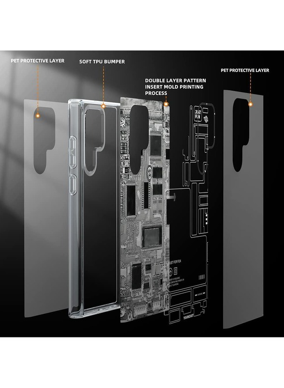 YoungKit Futuristic Technology Circuit Designed for Samsung Galaxy S23 Ultra case (2023) Full Protection, Military Shockproof, Soft Bumper - Black/Grey