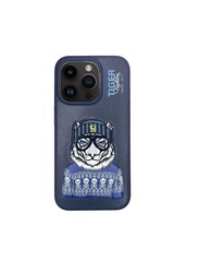 Polo Fergus Tiger Series Leather Phone Case with 3D Rises Letters and Embroidery Design for iPhone 15 Pro - Navy