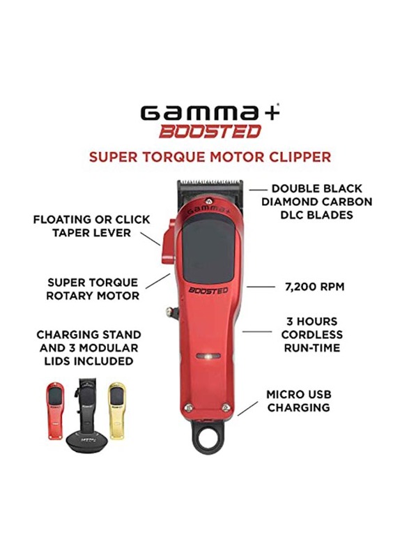 Gamma+ Boosted Professional Modular Cordless Clipper with Super Torque Motor, 3 Modular Lids (Black, Red, Gold), Multicolour