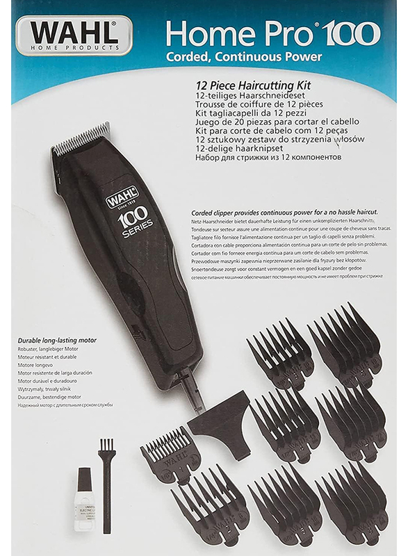 Wahl Home Pro 100 Series Corded Hair Clipper Kit for Home with Self Sharpening Precision Blades & 8 Comb Attachments for multiple Cutting Lengths, 8-Piece, Black